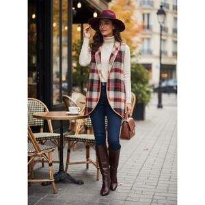 Red Plaid Open Front English Countryside Cabin Core Vest  Wmn's XL‎